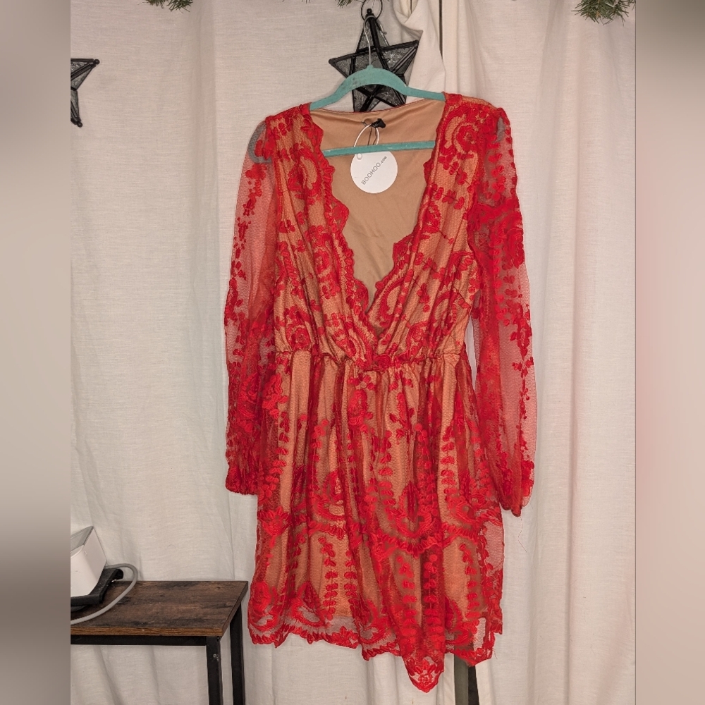 HOLIDAY READY WEDDING GUEST PLUS Elegant Red Lace Dress Mini!